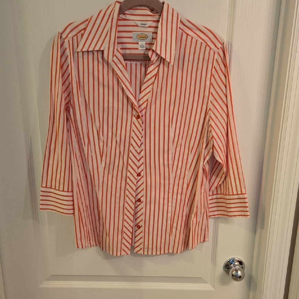 Talbots Red and White Striped Button-Up Shirt Size Large